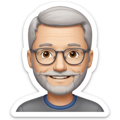 54 year old man, short shaved grey hair, full beard, glasses sticker
