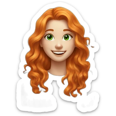 beautiful girl, white, with orange/ginger long loose wavy hair, green eyes, smiling, good teeth, white sweater, she laughs and waves her hand, realistic drawing sticker