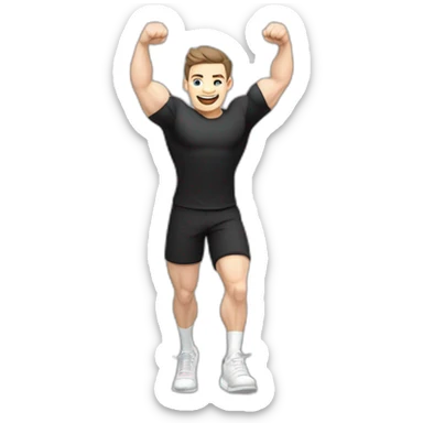 Joyful Celebrating victory Pale skinned Fit Man With the biceps and dark brown hair in black shirt, gray sports shorts and white Sneakers sticker