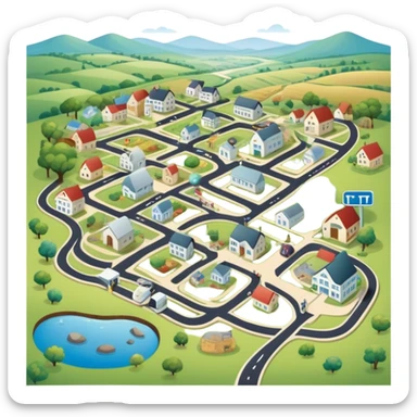 journey on a game board about Type 1 diabetes and aging with pretty footpaths in a countryside (hospital, places to live, advocacy, physical changes, to share knowledge and ways of coping, energetic with text: T1D to 100 and subtext Aging with Type 1 diabetes, easy for seniors to see and understand sticker