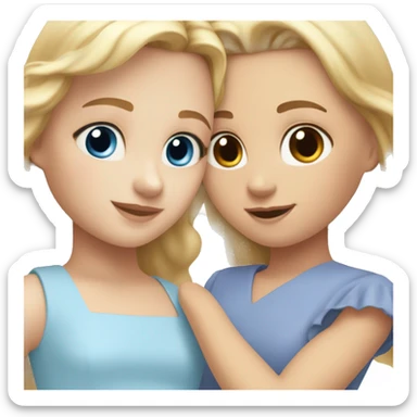 girl with blonde hair and blue eyes in a light blue dress, holding hands with a girl with brown hair and brown eyes in a periwinkle dress sticker