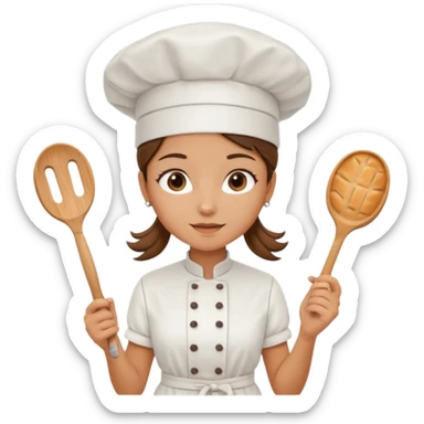 Young female baker - white chef hat, framing white cream pattern on bread sticker
