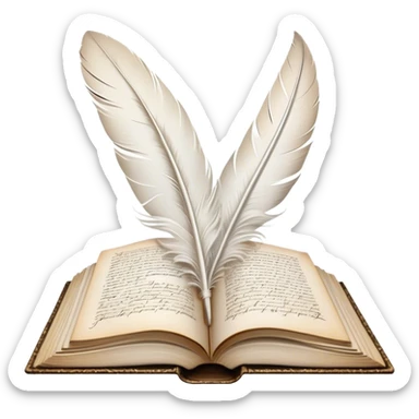 Create a poetic and elegant emoji representing poetry. The design should feature several vintage, gracefully flying pages with short, poetic columns written on them. A white feather quill should be depicted writing on one of the pages, with ink flowing smoothly. The pages should have a soft, antique look, with subtle details to convey the delicate nature of poetry. Use soft, light colors with a romantic, airy feel. Make the background transparent. sticker