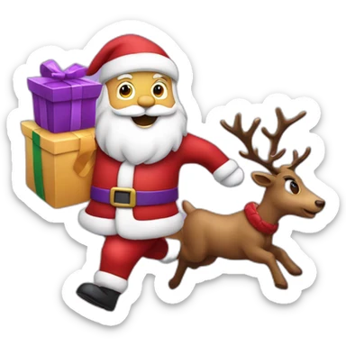Santa Claus dressed in purple running with the reindeer to deliver the presents sticker