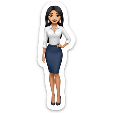 beautiful fit tall woman boss, with long straight black hair, with make up, black eye liner, smile, mexican, brown skin, wearing beautiful profesional outfit and white earings, full body sticker