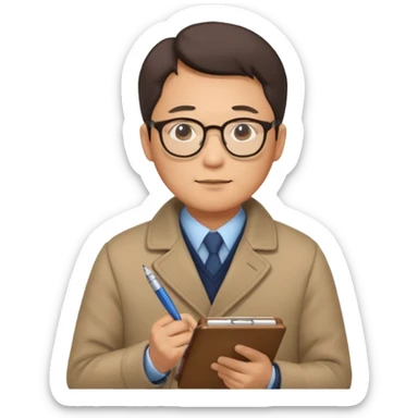 Middle-aged asian male vet – glasses, coat, writing notes on clipboard. sticker