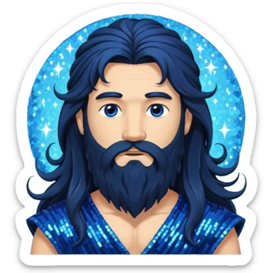 Boreas, God of North Wind from Gods and Goddesses with long black shaggy hair and beard, deep blue sequin outfit sticker
