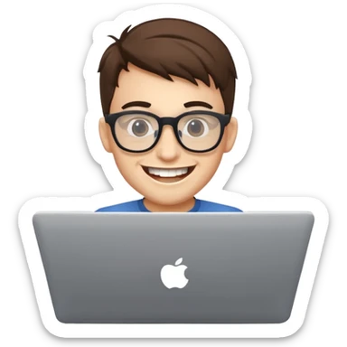 smiling programmer with big glasses and buck teeth, holding a laptop sticker