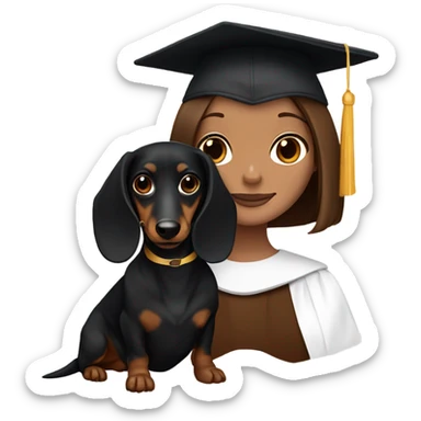 Brown haired white girl in graduation cap holding dark brown long haired dachshund  sticker