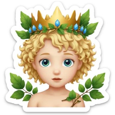 Cute Cupid character head with a large forehead, big bright blue eyes, and short, voluminous curly golden blond hair. A green leafy branch crown sits on the head. Stylized, colorful, cartoon look focused on innocence and cuteness. sticker