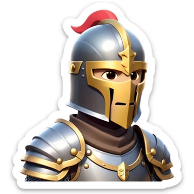 clash-of-clans-aesthetic_-cinematic-fearsome-and-majestic-knight-bust-portrait-emoji, rendered in a flat, vector-style with minimal shading and bold, simplified shapes, depicting a battle-ready medieval knight with steely eyes and intricate armor, mounted on a warhorse reflecting sunlight over a misty battlefield. sticker