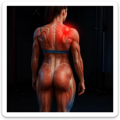 Anatomical hyperrealistic 4K view of a woman from the back in a gym environment, showing a muscle contracture as a clearly visible knot on the left side of the upper back muscles, translucent muscles and skin, with a red halo. Knot positioned higher. sticker