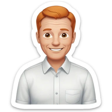 smiling older white man, fit physique, receding ginger hair, approachable and professional look, cheerful and friendly face, wearing a collared shirt sticker