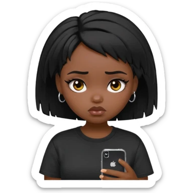 generate a pretty bratz girl with short black very messy hair, looking tired and using her phone, wearing an oversized black tshirt sticker