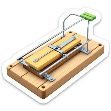 A 3D emoji in iOS emoji aesthetic style of a classic mousetrap without cheese, showing a wooden base and metal spring mechanism, clean minimal design, bright lighting, glossy Apple-style look, white background. sticker