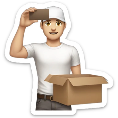 Pale skinned fit Man with dark brown hair in a light gray cap, dark brown jeans, brown polo and white T-shirt keeping a pasted with tape white box into his hands sticker