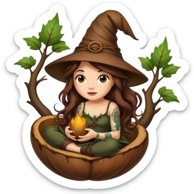 cute forest witch woman long wavy brown hair tattoos sitting inside acorn sticker