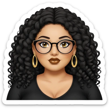 big plus size, latina, darker tan skin, long black curly hair, baddie,pretty, makeup, lipliner, black eyeliner, long hair, small gold earrings, black top, black glasses sticker