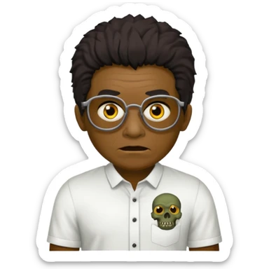Um garoto zombie de cabelo castanho escuro, quase preto, com um cabelo médio, com olhos castanhos esverdeados, de camisa branca, com óculos redondo sticker