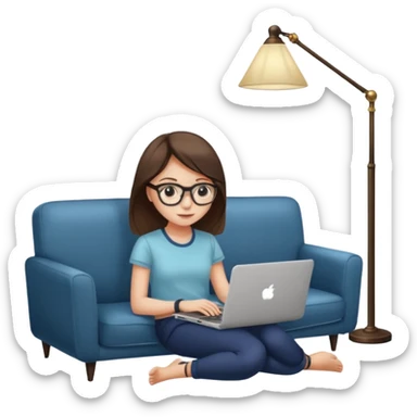 A girl is working with a laptop while lying on a sofa, with a floor lamp to the right. sticker
