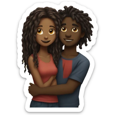 Brown girl with wavy hair hugging black boy who has dreads  sticker