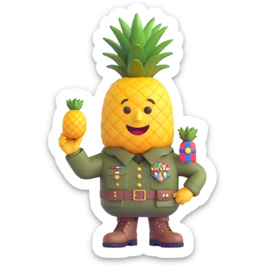 a pineapple saluting in a military uniform with medals and boots, 3D emoji style sticker