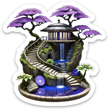 Crashed Alien saucer poolhouse jungle winding narrow stairway fountain lakeside mountainside -island getaway nighttime landscape antique mudman very old broken cracked intricate Stone Age lapis-crusted irregular dodecagon-shaped shallow dark moss rough bark violet serissa flowered maple tree bonsai sticker