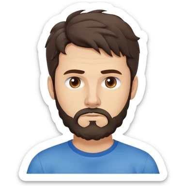 Caucasian Argentine man with wavy dark brown hair, longer loose hairstyle with wavy bangs, short full beard, serious-neutral expression, basic blue t-shirt sticker