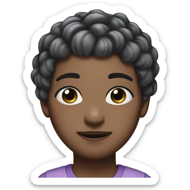 short hair, dyed black at the roots that fade down to a pinkish/purple color at the ends. Their eyes are a silvery light blue. They have a headband with two small black horns, and wear several silver hairclips in their hair. sticker