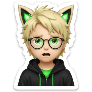 Cute chibi hacker boy emoji, blond messy hair, black glasses, black hoodie with neon green cat ears, wide glowing green eyes, shocked expression, open mouth, dramatic neon lighting, kawaii emoji style sticker