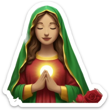 Virgin Mary: kind face looking down at the left, long brown hair, Wearing an emerald green  robe with gold stars and a burgundy red dress,  Hands in prayer or blessing. Halo around her head. standing in front of a big sun. colorful roses on the sides  sticker