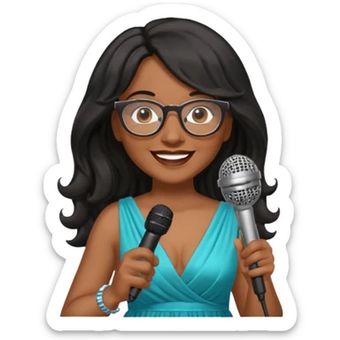 singer, Middle age, long wavy black hair, brown skin, wearing dress, holding mic, glasses sticker
