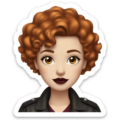Girl with very pale skin, dark orange curly short hair with a side part, heavy cat-eye makeup, long eyelashes, dark maroon blush and lipstick.  Her eyebrows are dark, arched and very high.  Hazel eyes. Big lips. Thin. Wearing a leather jacket  sticker