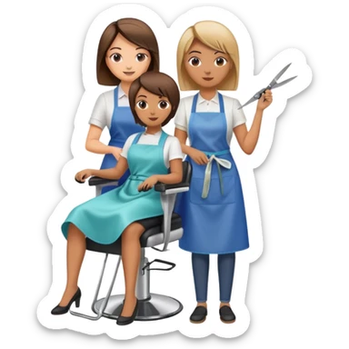 woman getting a haircut from a female hairstylist, client sitting in chair with apron, hairstylist standing behind holding scissors sticker