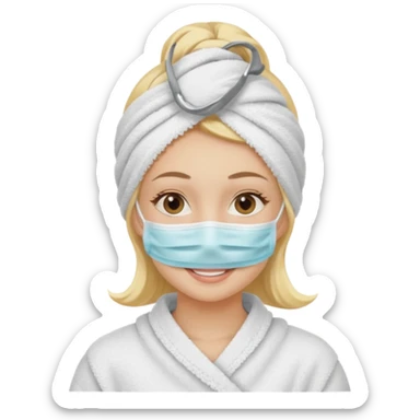 Chica rubia con toalla en la cabeza y mascarilla en la cara sticker