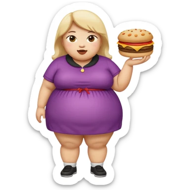 n create a humongous asian girl with 2 burgers and a cookie in her mouth, she is super obese, please make her a full body emoji sticker