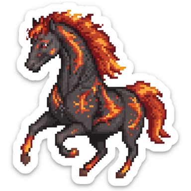 Red fast fire horse made of embers, magma, visible lava, burning, with ash particles surrounding it. Horse galloping with a fiery mane and tail. sticker