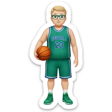 full body overweight tall white male basketball wearing glasses in blue an green uniform sticker