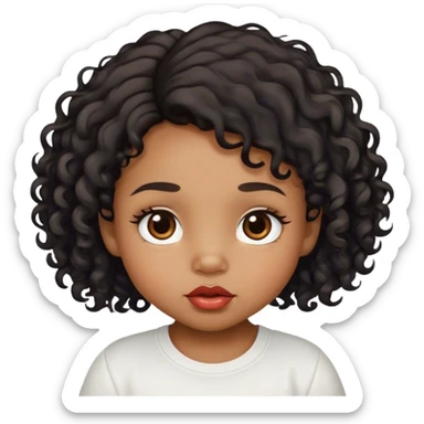 medium brown skin tone, very adorable toddler, with big plump lips, long long lashes, black curly long hair, brown eyes, white shirt sticker
