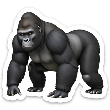 cinematic-friendly gorilla-realistic-full-body-crouched on all fours-emoji,-broad-and-powerful-frame-poised-with-confidence,-massive-arms-hanging-slightly-forward,-head-tilted-thoughtfully,-thick-black-fur,-deep-dark-eyes-full-of-intelligence,-simplified-yet-realistic sticker