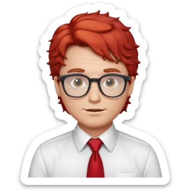 white man in white shirt, having red tie, red wavy hair, wearing glasses sticker