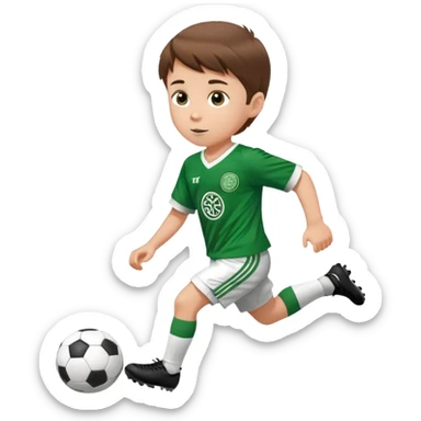 Celtic footballer jersey logo  6 years old brown hair white boy , brown eyes , stripes uniform , RUNNING  with soccer ball # 17 celtic football logo PUT ONLY ONE LOGO ONE CELTIC LOGO ONLY white shorts sticker