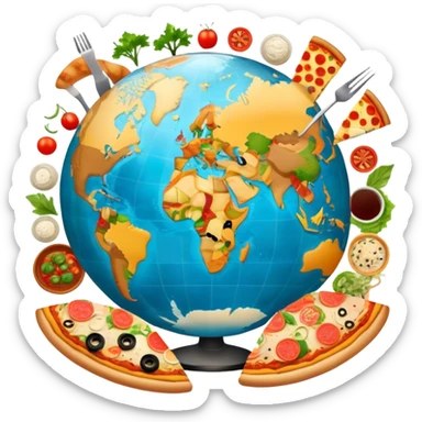 Icon for Gastronomic Tourism: a globe with various cuisines from around the world, such as pizza, sushi, tacos, and pasta, surrounded by food-related travel elements like a fork, knife, and map. Transparent background. sticker