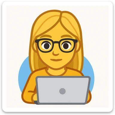 blonde writer woman wearing glasses working on a laptop, twitter style emoji sticker