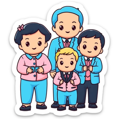 triplet toddlers with two girls in pastel pink clothes on each side and a boy in pastel blue suit in the middle sticker
