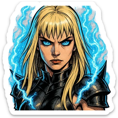 Magik from Marvel, close-up portrait, intense blue eyes, magical aura, comic book style, detailed sticker