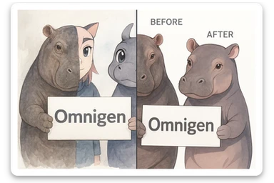 two hippo holding sign of omnigen, half picture 1 hippo is realistic another half is the anime of that same second hippo, with before after mark sticker