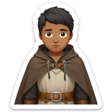 medieval outfit worn by a DnD themed fantasy character. basic rough-spun tunic with a leather belt and a hooded cloak. clothes only above the waist. The clothes full waist. The character's haven't arms. character is straight black hair hazel eyes short messy hair brown-skinned man. sticker