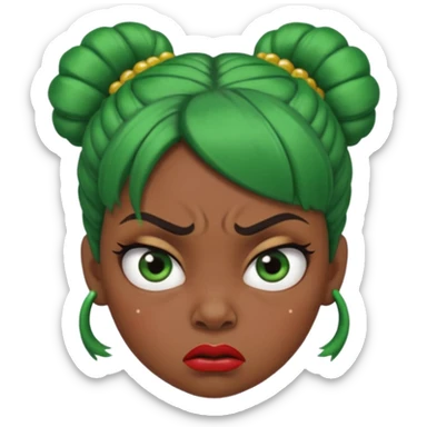 Create a 3D cartoon-style girl character with dark skin, round face, angry expression, big wide eyes, and tightly styled double buns made of green beaded hair. The girl should look irritated, eyebrows sharply angled, and lips pressed in a frown. sticker