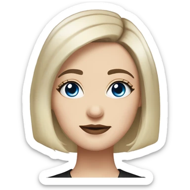 waist-length portrait, looking up, Slavic adult woman, goth eyes makeup, blue eyes, medium bob black-to-blonde ombre straight hair, white T-shirt and black office jacket. sticker